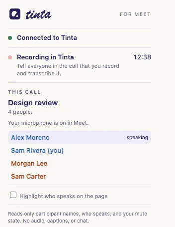 The Chrome extension popup during a recording: the call Design review with 4 people, and Alex Moreno marked as the active speaker.
