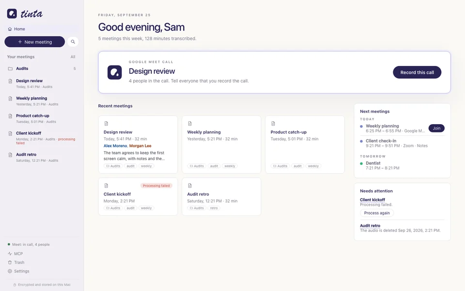 Home in Tinta: a Google Meet call with a Record this call button, the recent meetings, and the next meetings from the calendar.